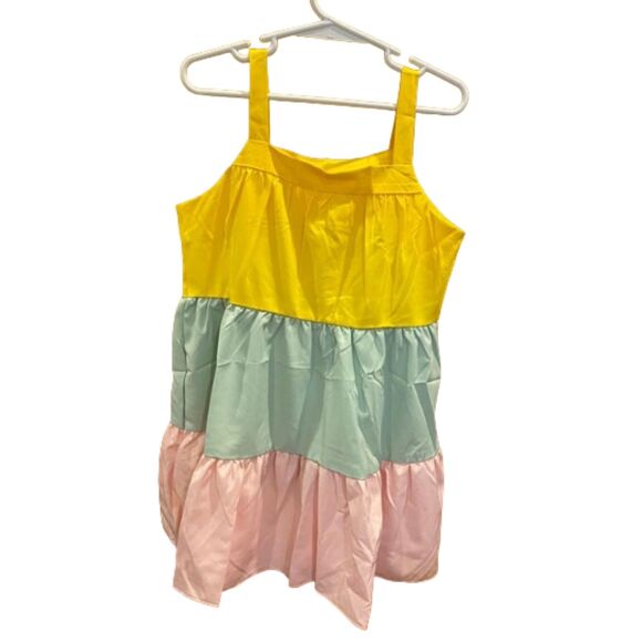 Girls size 5-6 Color Block Square Collar Shirred sundress - Picture 1 of 2